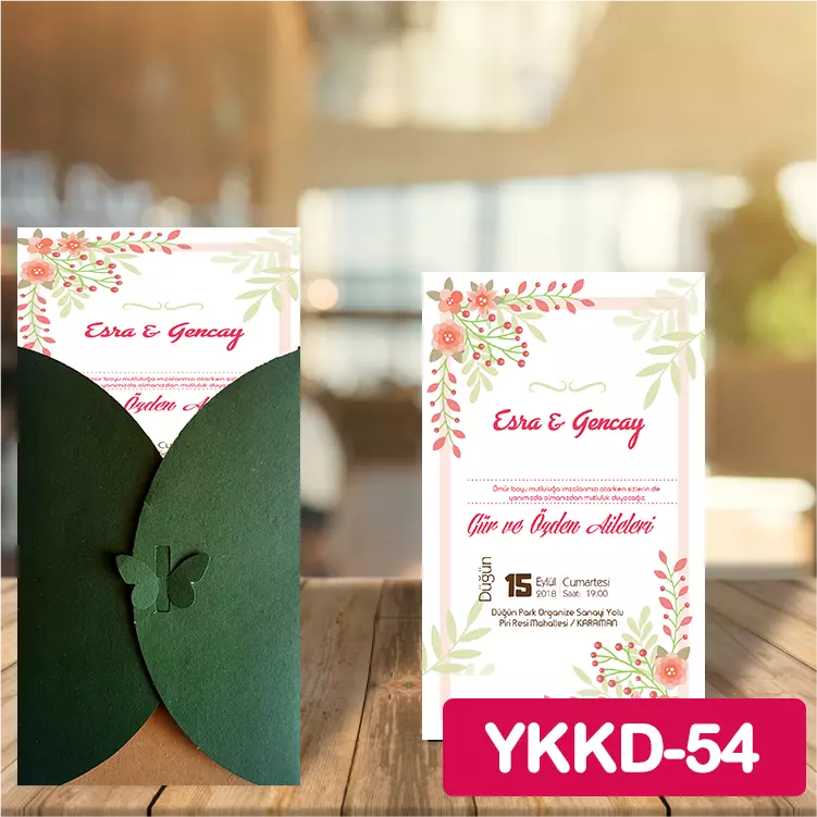 ozen-davetiye-Düğün Davetiyesi - Yeşil Kelebekli Kraft Zarflı Davetiye Model No:54