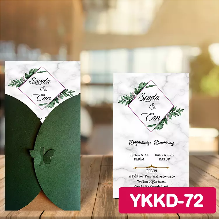 ozen-davetiye-Düğün Davetiyesi - Yeşil Kelebekli Kraft Zarflı Davetiye Model No:72