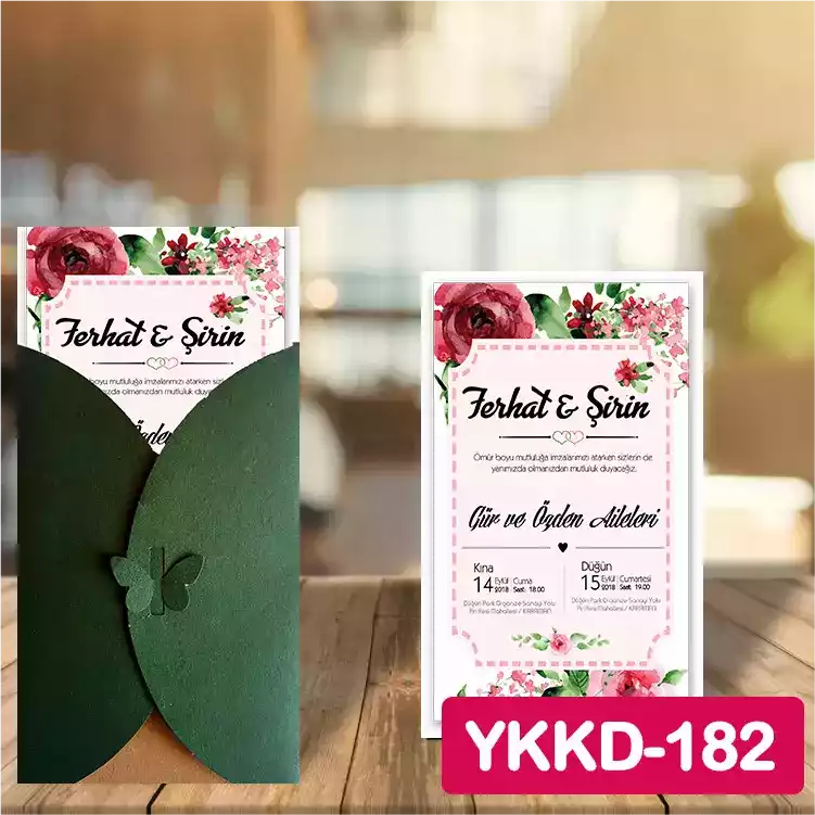 ozen-davetiye-Düğün Davetiyesi - Yeşil Kelebekli Kraft Zarflı Davetiye Model No:182