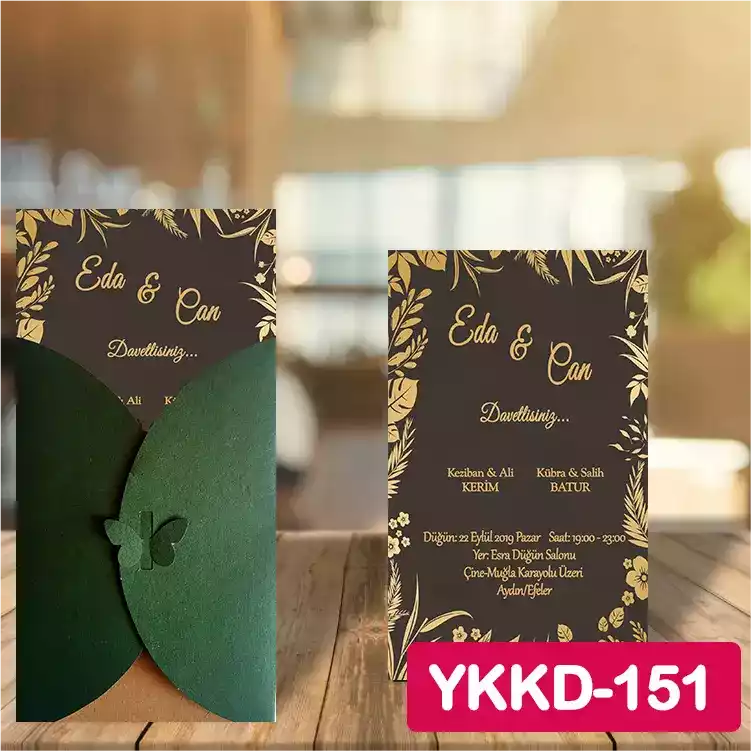 ozen-davetiye-Düğün Davetiyesi - Yeşil Kelebekli Kraft Zarflı Davetiye Model No:151