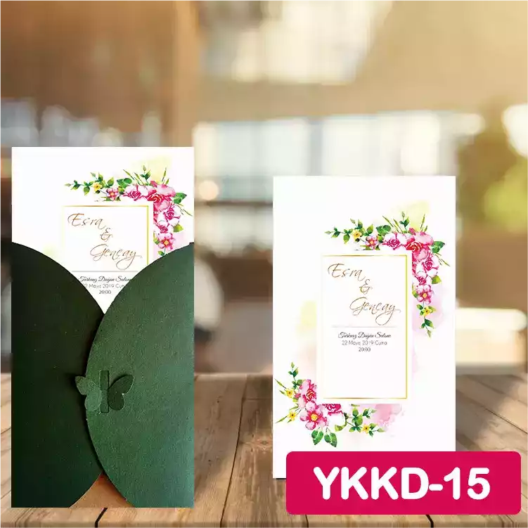 ozen-davetiye-Düğün Davetiyesi - Yeşil Kelebekli Kraft Zarflı Davetiye Model No:15