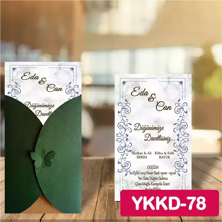 ozen-davetiye-Düğün Davetiyesi - Yeşil Kelebekli Kraft Zarflı Davetiye Model No:78