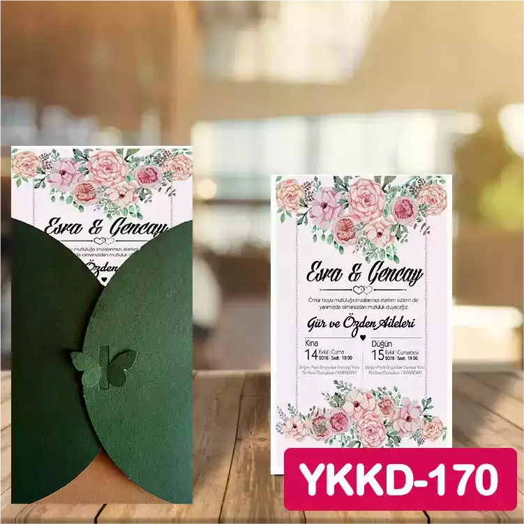 ozen-davetiye-Düğün Davetiyesi - Yeşil Kelebekli Kraft Zarflı Davetiye Model No:170