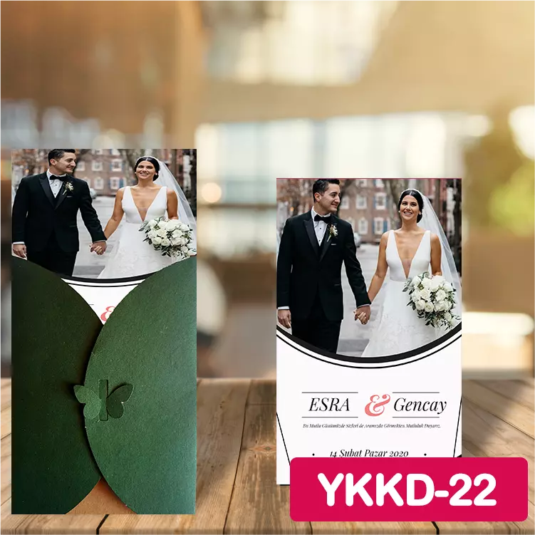 ozen-davetiye-Düğün Davetiyesi - Yeşil Kelebekli Kraft Zarflı Davetiye Model No:22