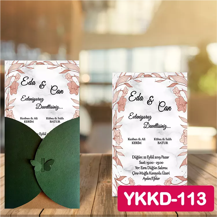 ozen-davetiye-Düğün Davetiyesi - Yeşil Kelebekli Kraft Zarflı Davetiye Model No:113