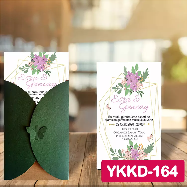 ozen-davetiye-Düğün Davetiyesi - Yeşil Kelebekli Kraft Zarflı Davetiye Model No:164