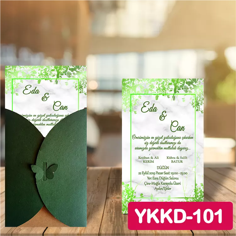 ozen-davetiye-Düğün Davetiyesi - Yeşil Kelebekli Kraft Zarflı Davetiye Model No:101