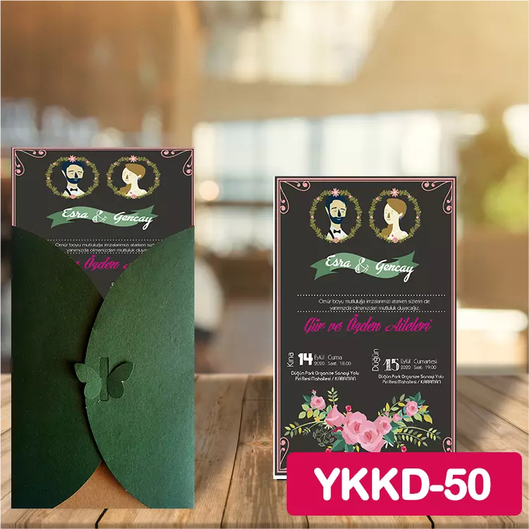 ozen-davetiye-Düğün Davetiyesi - Yeşil Kelebekli Kraft Zarflı Davetiye Model No:50