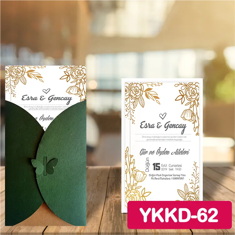 ozen-davetiye-Düğün Davetiyesi - Yeşil Kelebekli Kraft Zarflı Davetiye Model No:62