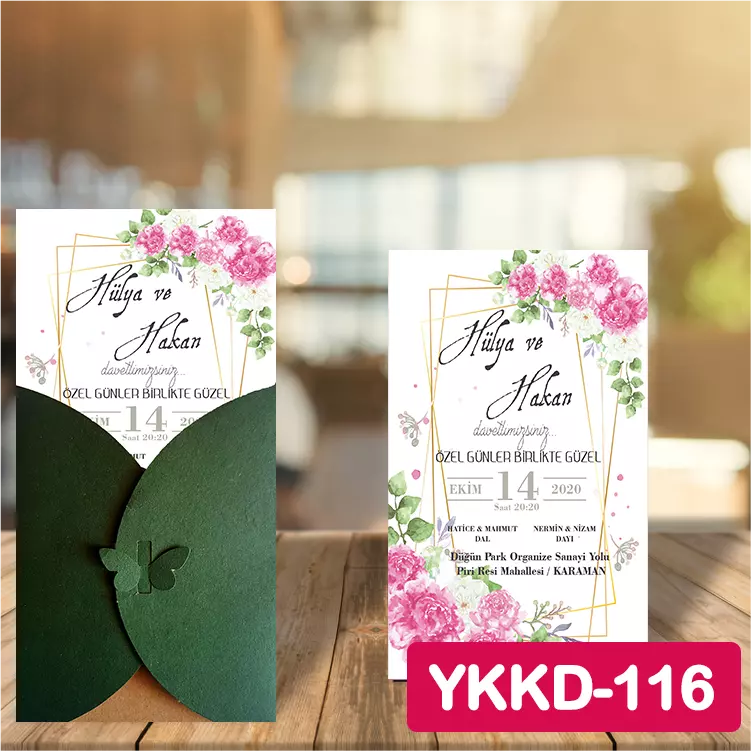 ozen-davetiye-Düğün Davetiyesi - Yeşil Kelebekli Kraft Zarflı Davetiye Model No:116