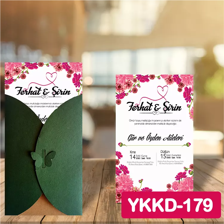 ozen-davetiye-Düğün Davetiyesi - Yeşil Kelebekli Kraft Zarflı Davetiye Model No:179