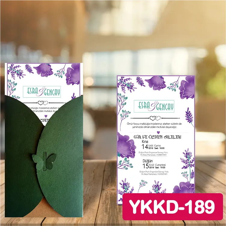 ozen-davetiye-Düğün Davetiyesi - Yeşil Kelebekli Kraft Zarflı Davetiye Model No:189
