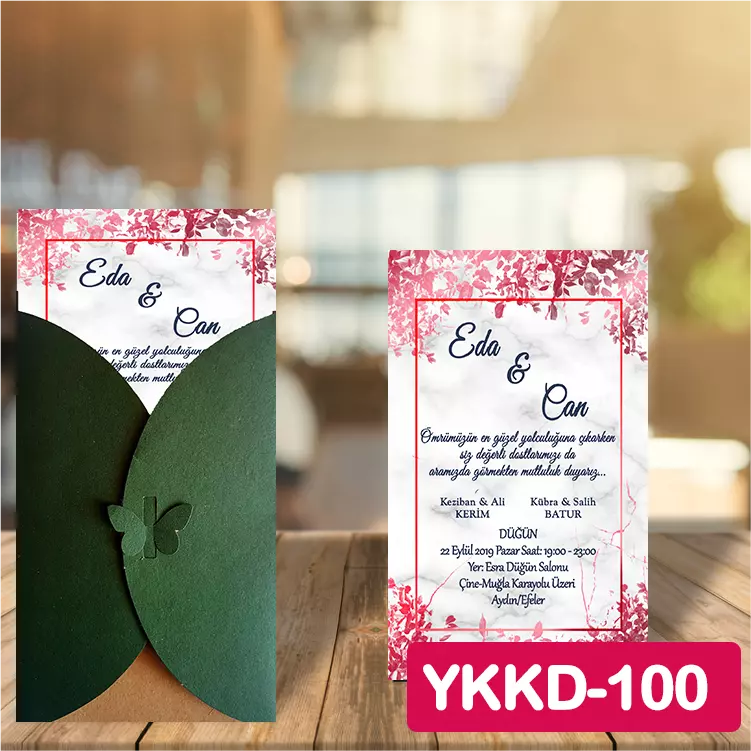 ozen-davetiye-Düğün Davetiyesi - Yeşil Kelebekli Kraft Zarflı Davetiye Model No:100