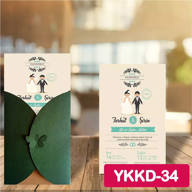 ozen-davetiye-Düğün Davetiyesi - Yeşil Kelebekli Kraft Zarflı Davetiye Model No:34