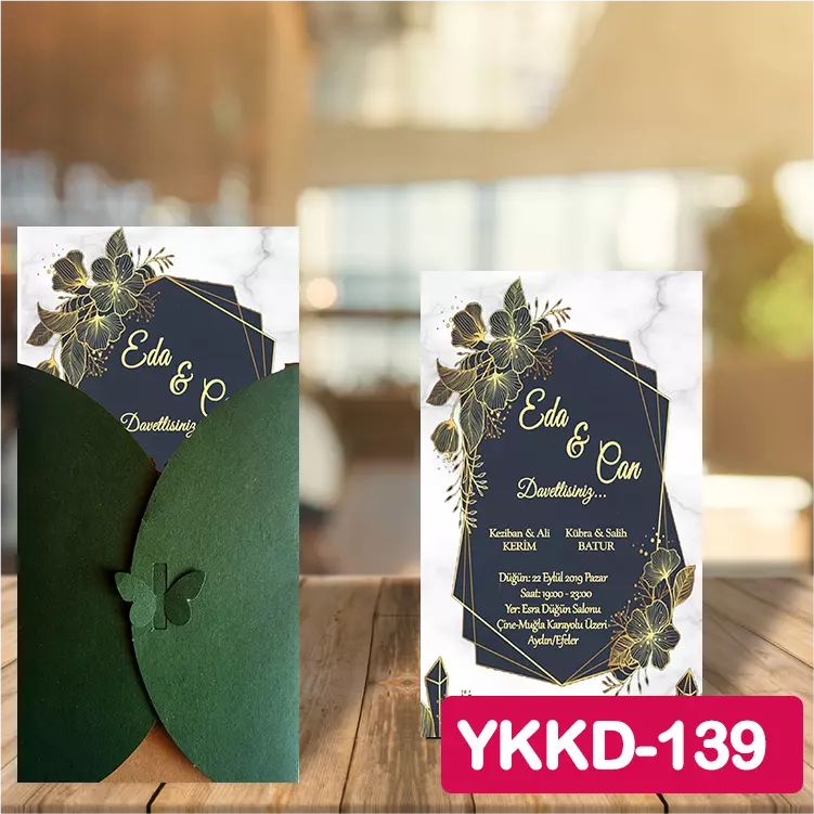 ozen-davetiye-Düğün Davetiyesi - Yeşil Kelebekli Kraft Zarflı Davetiye Model No:139