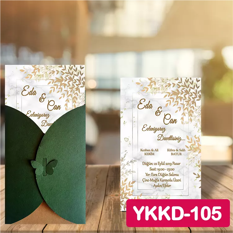 ozen-davetiye-Düğün Davetiyesi - Yeşil Kelebekli Kraft Zarflı Davetiye Model No:105