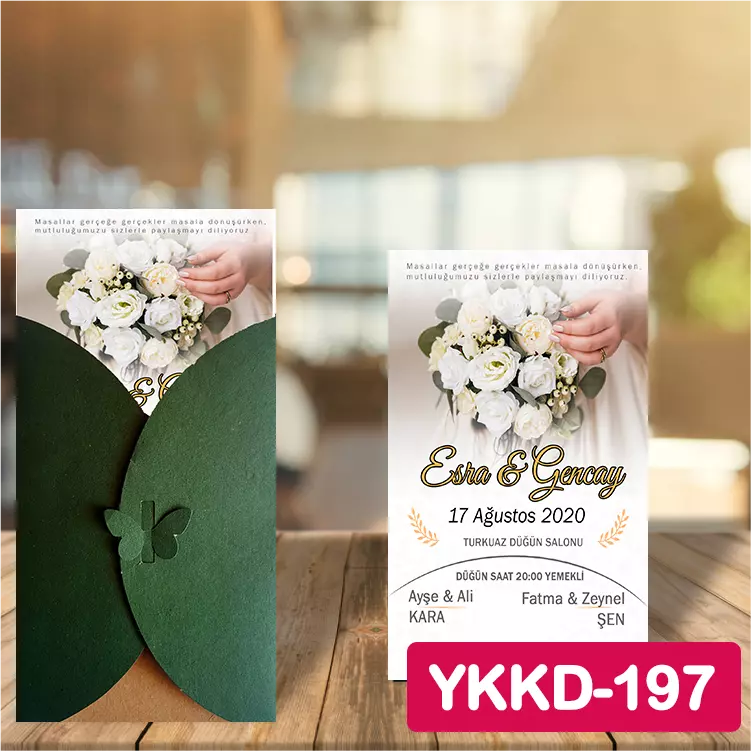 ozen-davetiye-Düğün Davetiyesi - Yeşil Kelebekli Kraft Zarflı Davetiye Model No:197