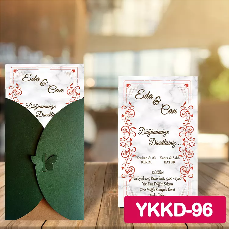 ozen-davetiye-Düğün Davetiyesi - Yeşil Kelebekli Kraft Zarflı Davetiye Model No:96