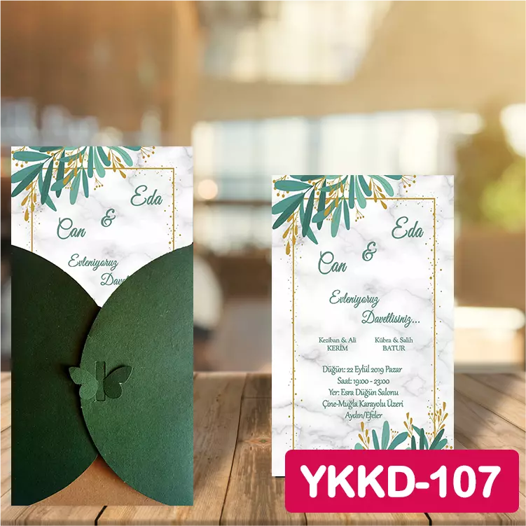 ozen-davetiye-Düğün Davetiyesi - Yeşil Kelebekli Kraft Zarflı Davetiye Model No:107