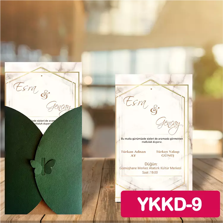 ozen-davetiye-Düğün Davetiyesi - Yeşil Kelebekli Kraft Zarflı Davetiye Model No:9