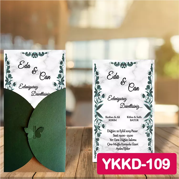 ozen-davetiye-Düğün Davetiyesi - Yeşil Kelebekli Kraft Zarflı Davetiye Model No:109
