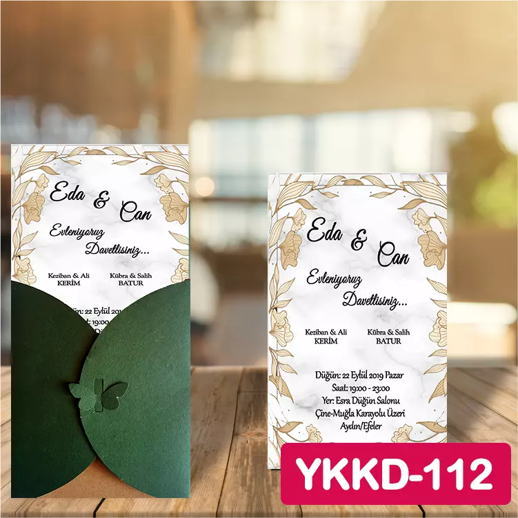 ozen-davetiye-Düğün Davetiyesi - Yeşil Kelebekli Kraft Zarflı Davetiye Model No:112