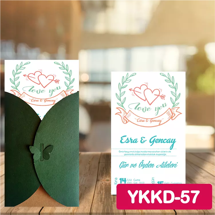 ozen-davetiye-Düğün Davetiyesi - Yeşil Kelebekli Kraft Zarflı Davetiye Model No:57