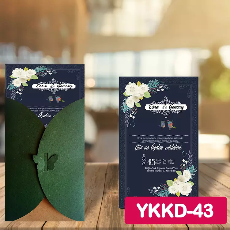 ozen-davetiye-Düğün Davetiyesi - Yeşil Kelebekli Kraft Zarflı Davetiye Model No:43