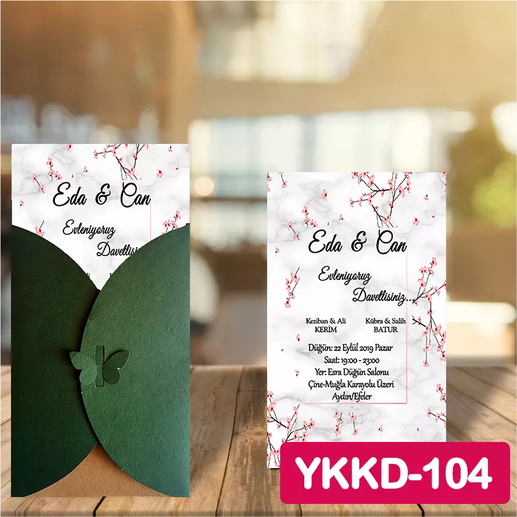 ozen-davetiye-Düğün Davetiyesi - Yeşil Kelebekli Kraft Zarflı Davetiye Model No:104