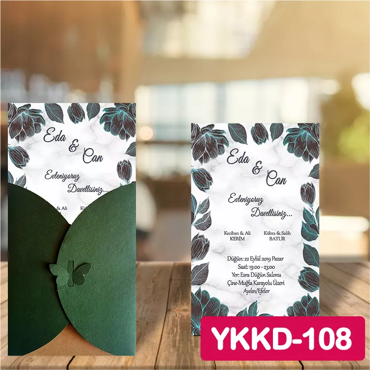 ozen-davetiye-Düğün Davetiyesi - Yeşil Kelebekli Kraft Zarflı Davetiye Model No:108
