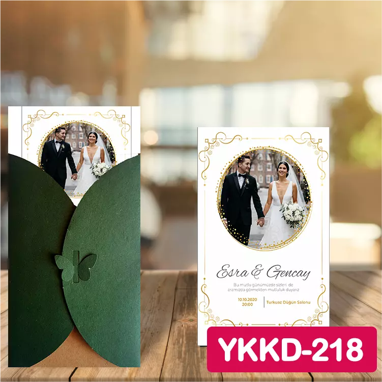 ozen-davetiye-Düğün Davetiyesi - Yeşil Kelebekli Kraft Zarflı Davetiye Model No:218